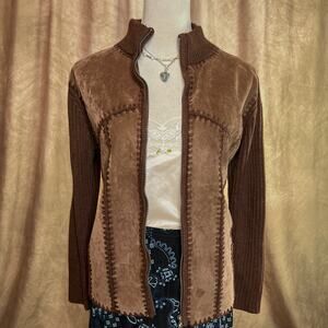 Vintage Patchwork Jacket 90s Zip Up Brown Panel Stitched Knit Grunge Biker Moto